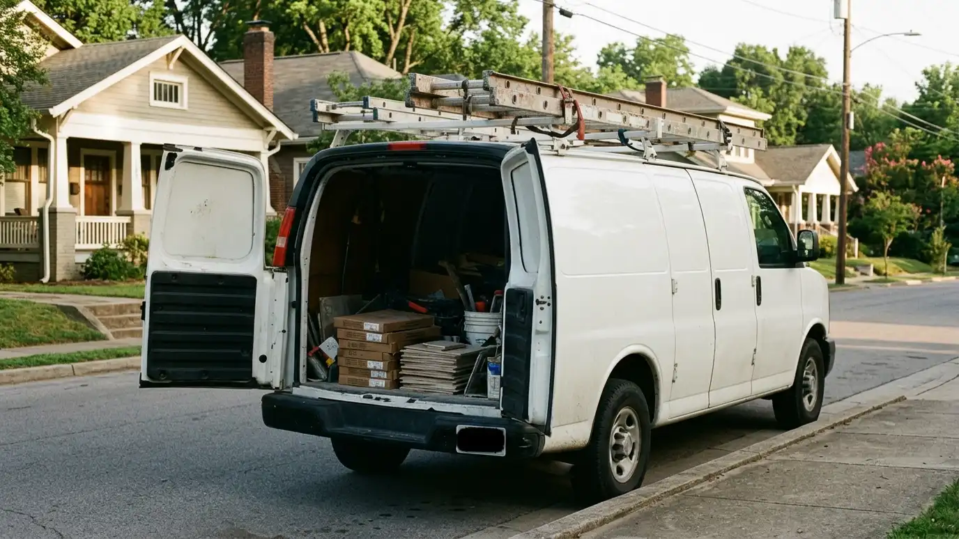 Music City Shower Service A white contractor van with a roof ladder parked on a neighborhood street with its rear doors open to reveal loaded supplies