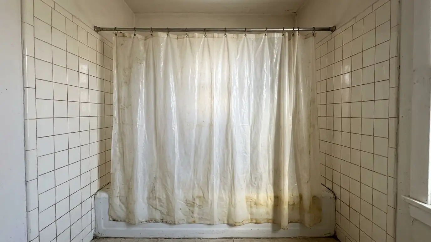 Before: a tub and shower with a stained plastic curtain on a bent rod