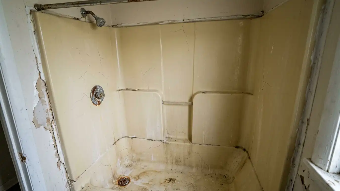 Before: a small bathroom with a yellowed, cracked fiberglass shower with rusty fixtures
