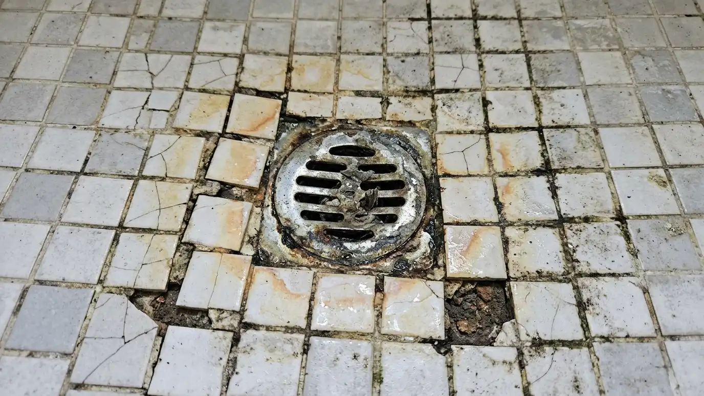Before: a shower floor with cracked, loose and stained small tile around a drain