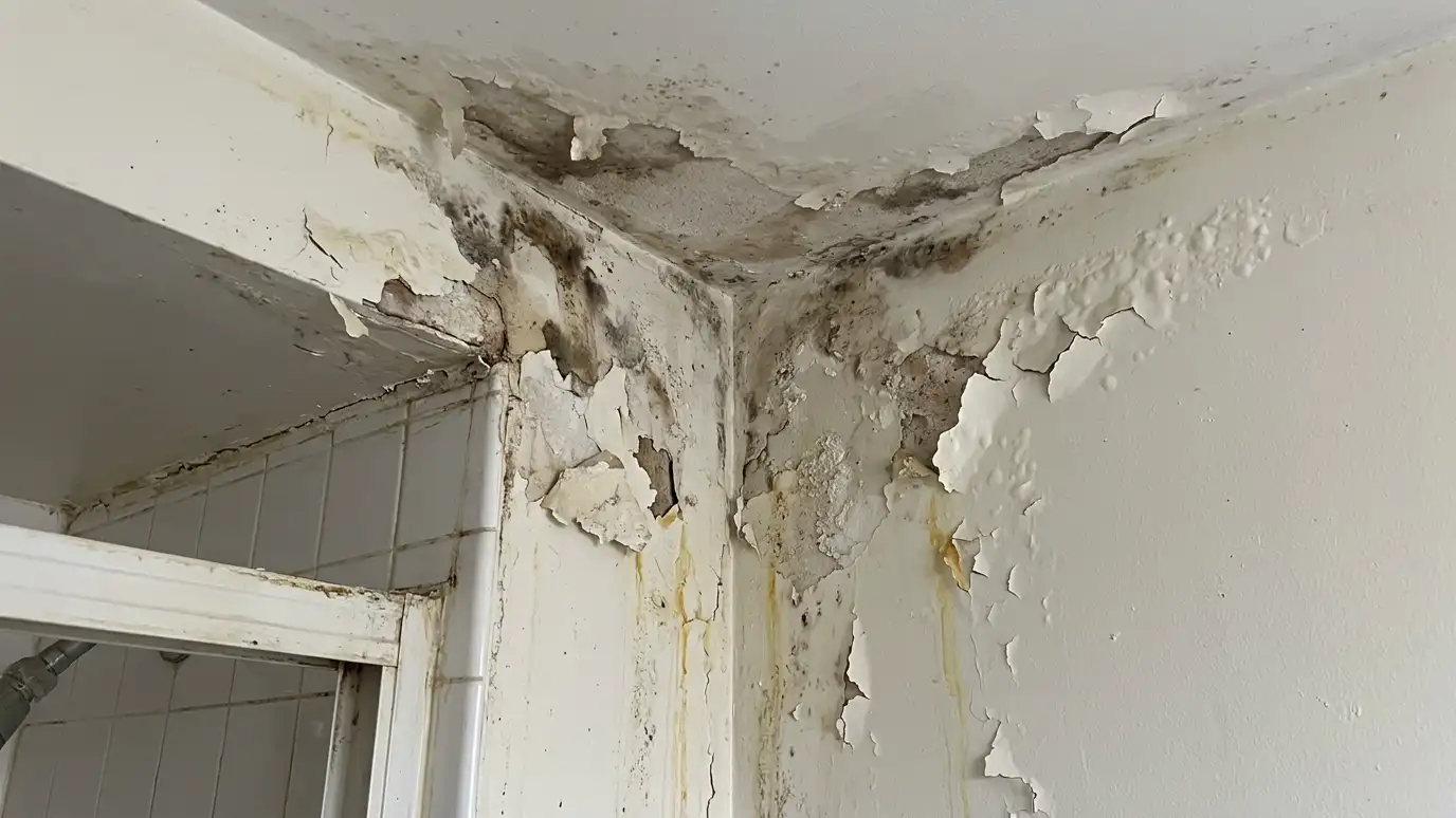 Before: a bathroom wall and ceiling with a wall and ceiling with a water stain and peeling paint
