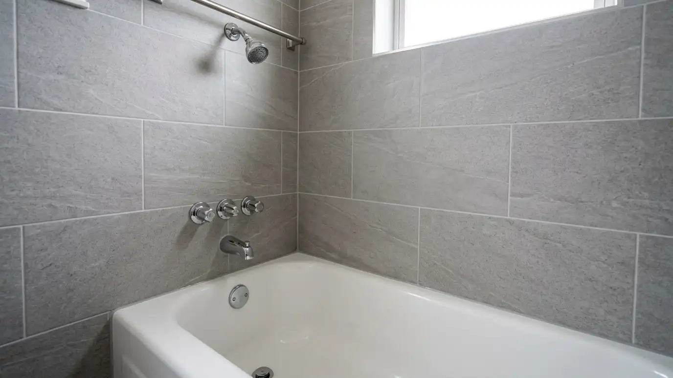After: Dated pink tile replaced with large porcelain | Music City Shower Service After: a shower with new large-format gray porcelain tile with thin, clean grout lines
