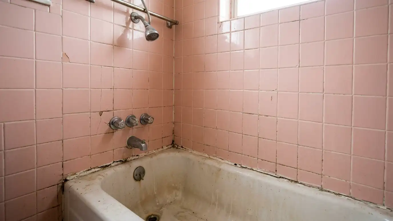 Before: a shower with outdated chipped pink ceramic tile with dingy grout