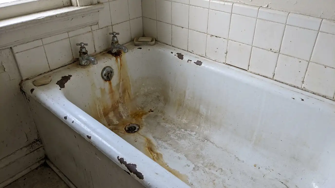Before: a bathtub with a dull, chipped and stained enamel tub
