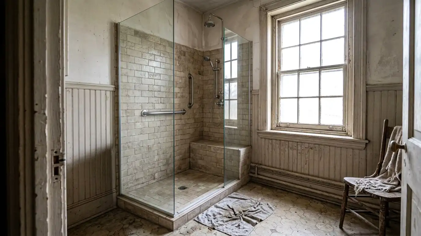 After: A steep tub replaced by an easy-entry shower | Music City Shower Service After: a bathroom with a low-threshold walk-in shower with a bench, grab bar and handheld shower