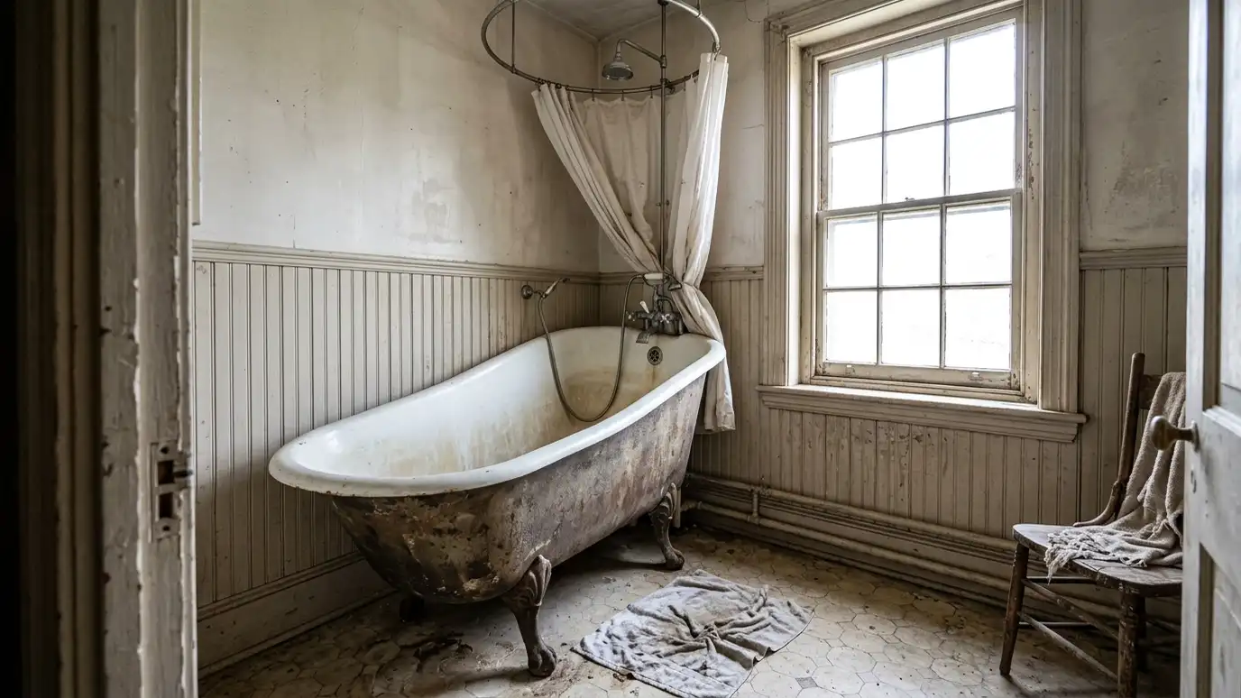 Before: a bathroom with a tall, steep-sided tub that is hard to step into