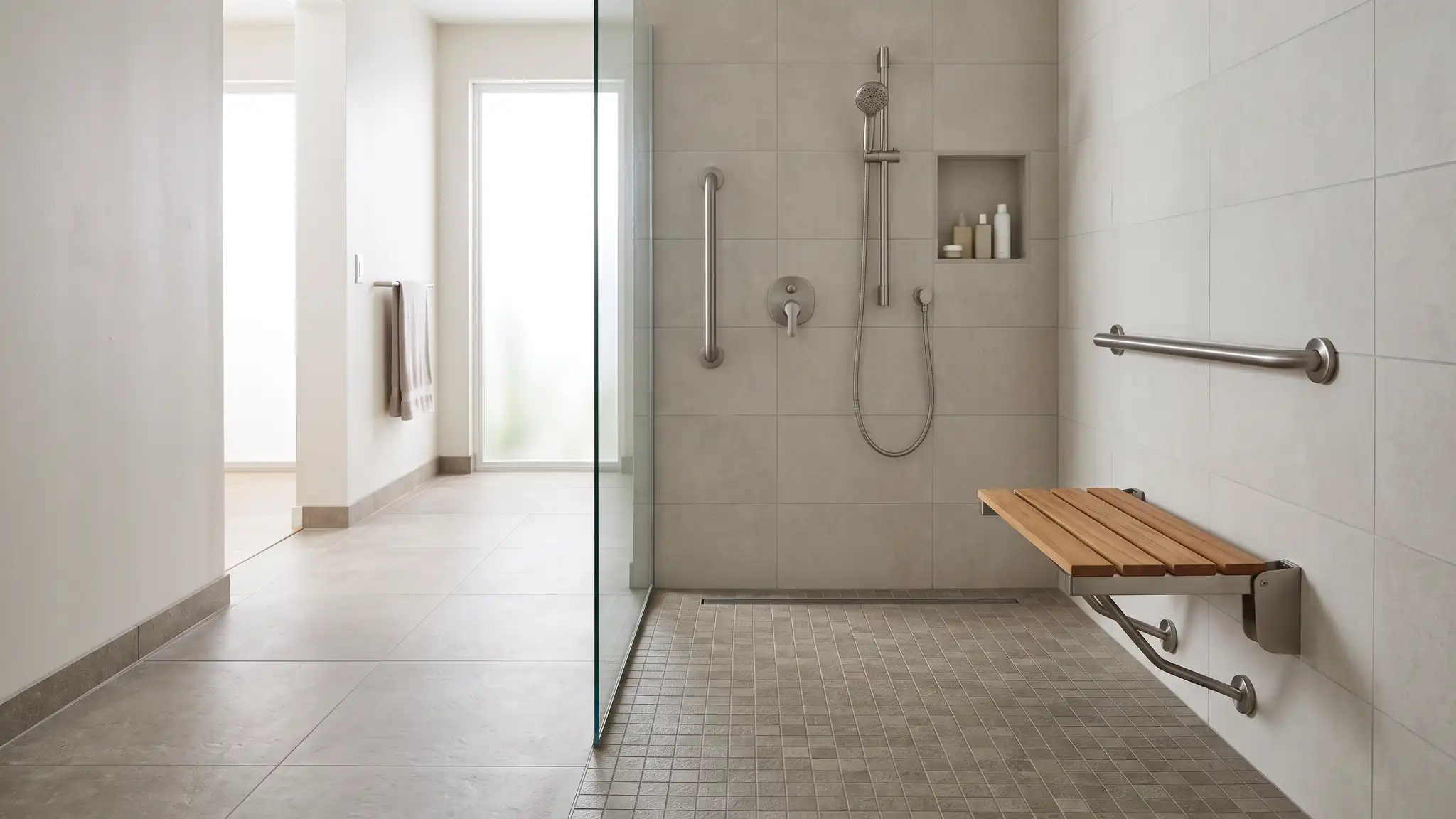 Commercial and Property Services | Music City Shower Service An accessible walk-in shower with grab bars, a folding seat and a handheld showerhead