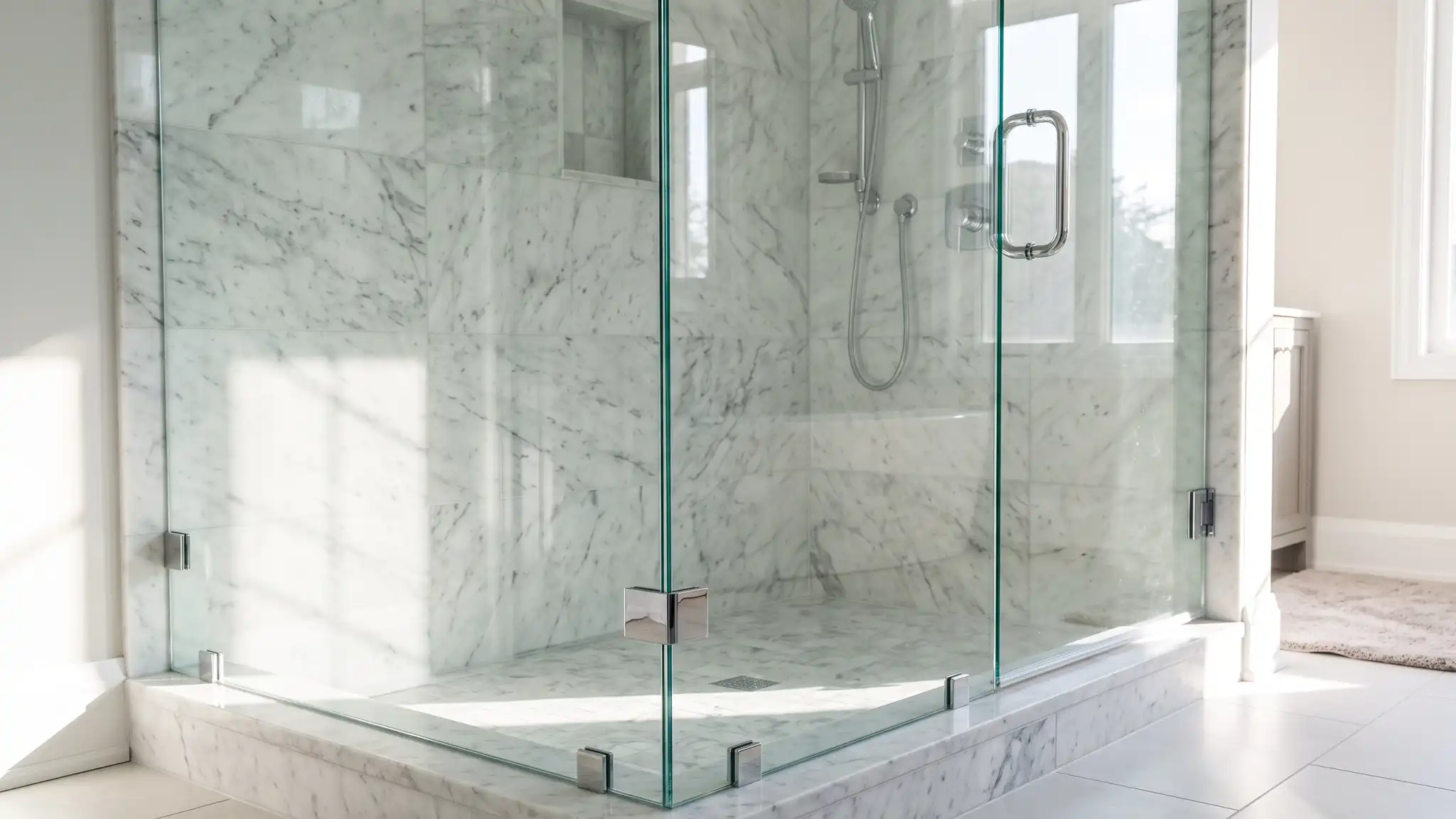 Shower Doors and Glass Enclosures | Music City Shower Service A frameless corner glass shower enclosure against white marble walls and a stone floor