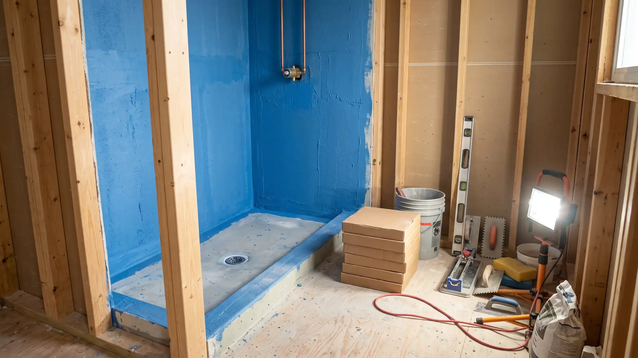 Waterproofing and Leak Repair | Music City Shower Service A bathroom under renovation with exposed studs and freshly applied blue waterproofing on shower walls