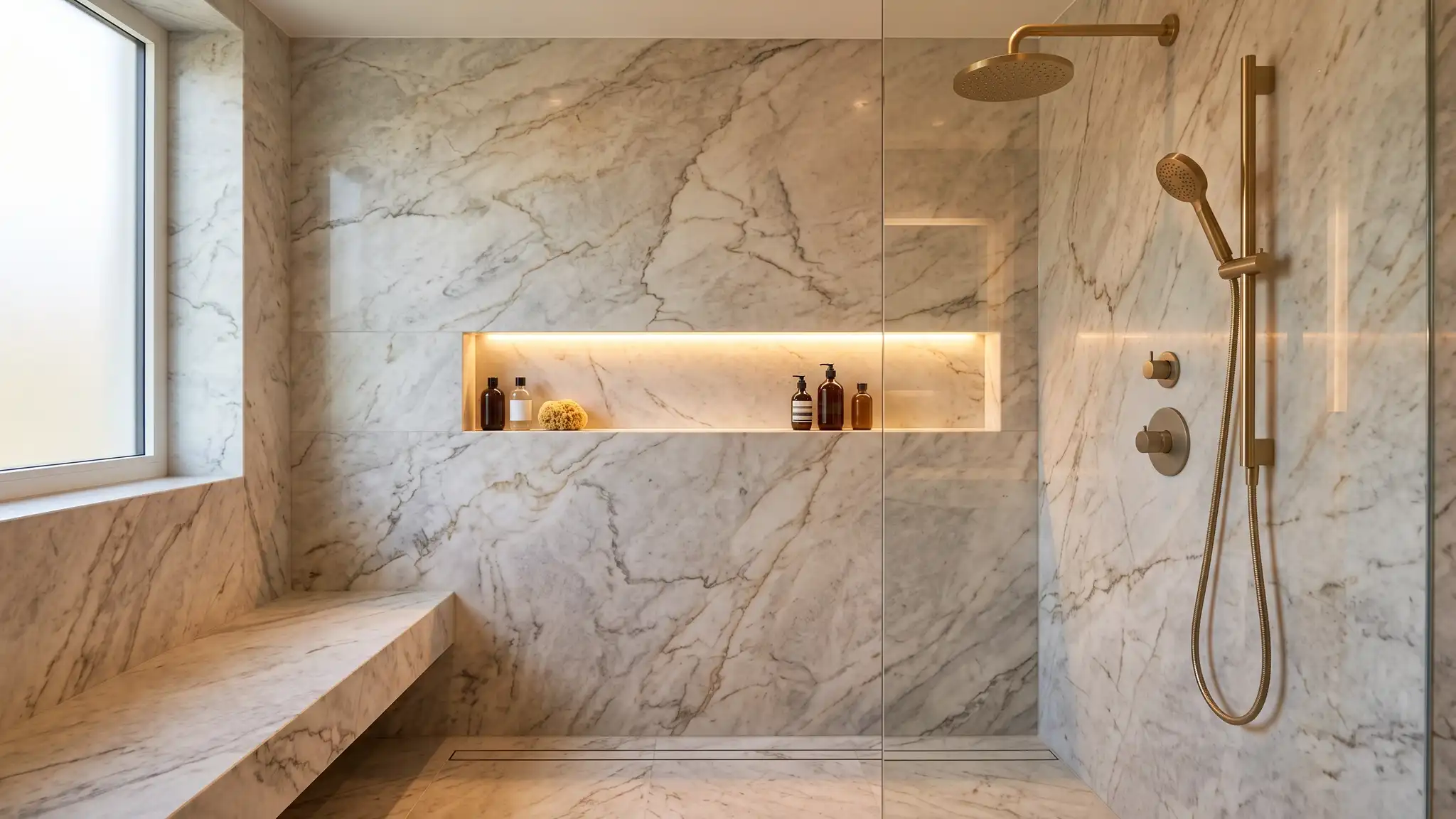 Fixtures, Upgrades and Safety | Music City Shower Service A walk-in shower with marble walls, recessed niche lighting, a bench and golden fixtures