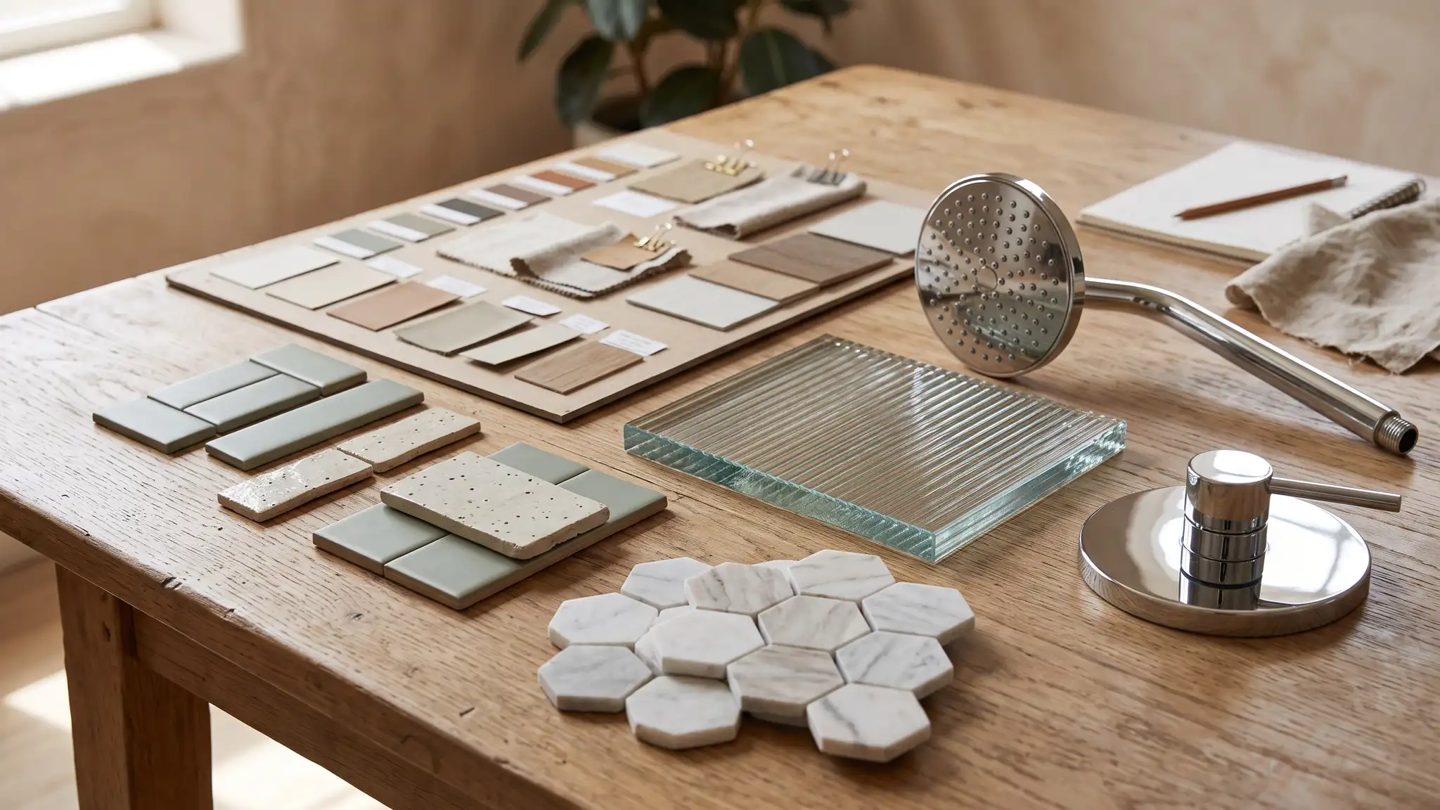 Free shower estimate | Music City Shower Service Tile samples, hexagon mosaics, glass panels and chrome shower fixtures arranged on a rustic wooden workbench