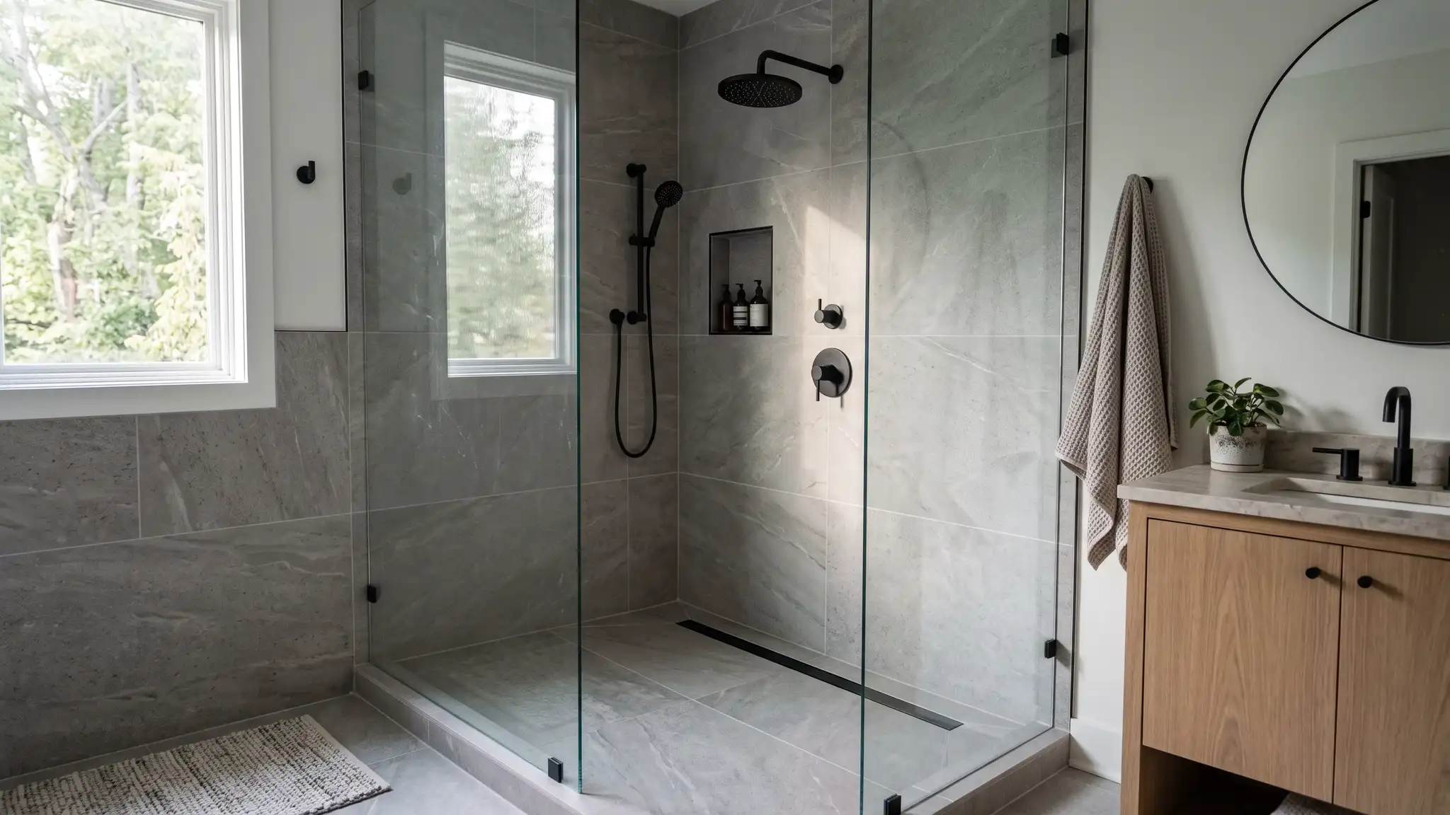 A contemporary bathroom with a glass-enclosed walk-in shower lined with large gray stone tiles, black fixtures and a light wood vanity A contemporary bathroom with a glass-enclosed walk-in shower lined with large gray stone tiles, black fixtures and a light wood vanity