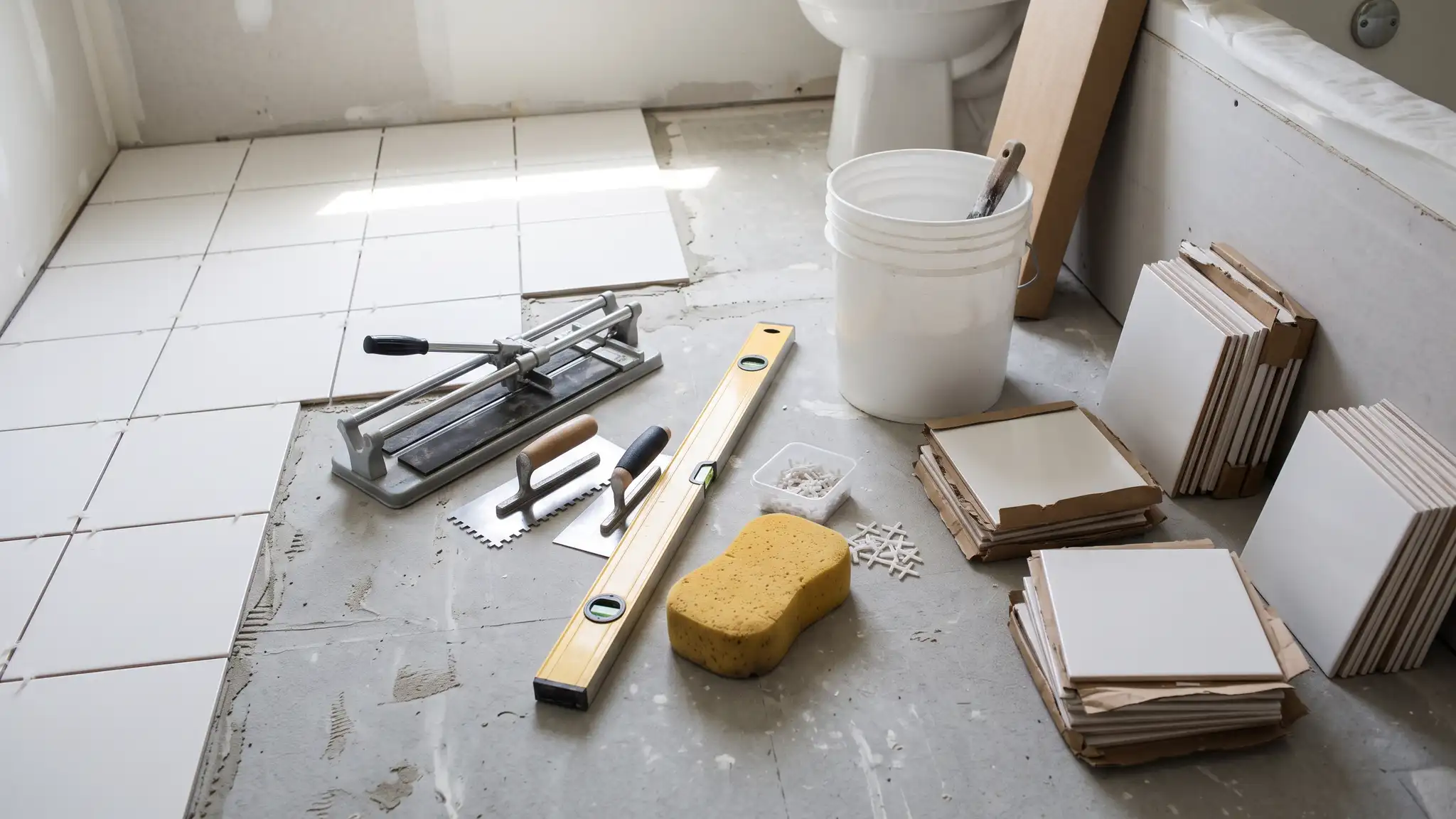 Shower remodeling FAQ | Music City Shower Service Tiling equipment including a manual tile cutter, a level, a sponge and neat stacks of square tile on a subfloor