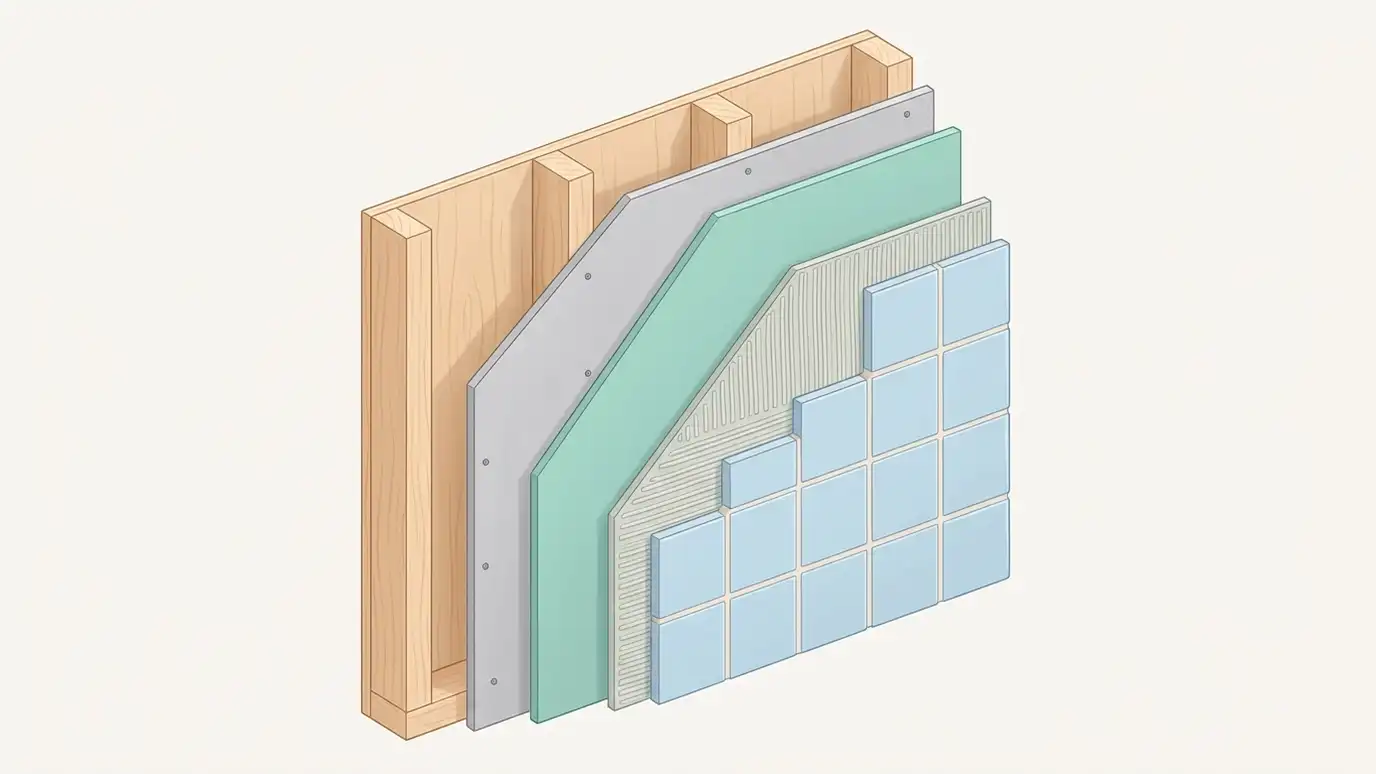 A cutaway diagram showing the layers of a shower wall from wooden studs and backer board to waterproof membrane, mortar, tile and grout