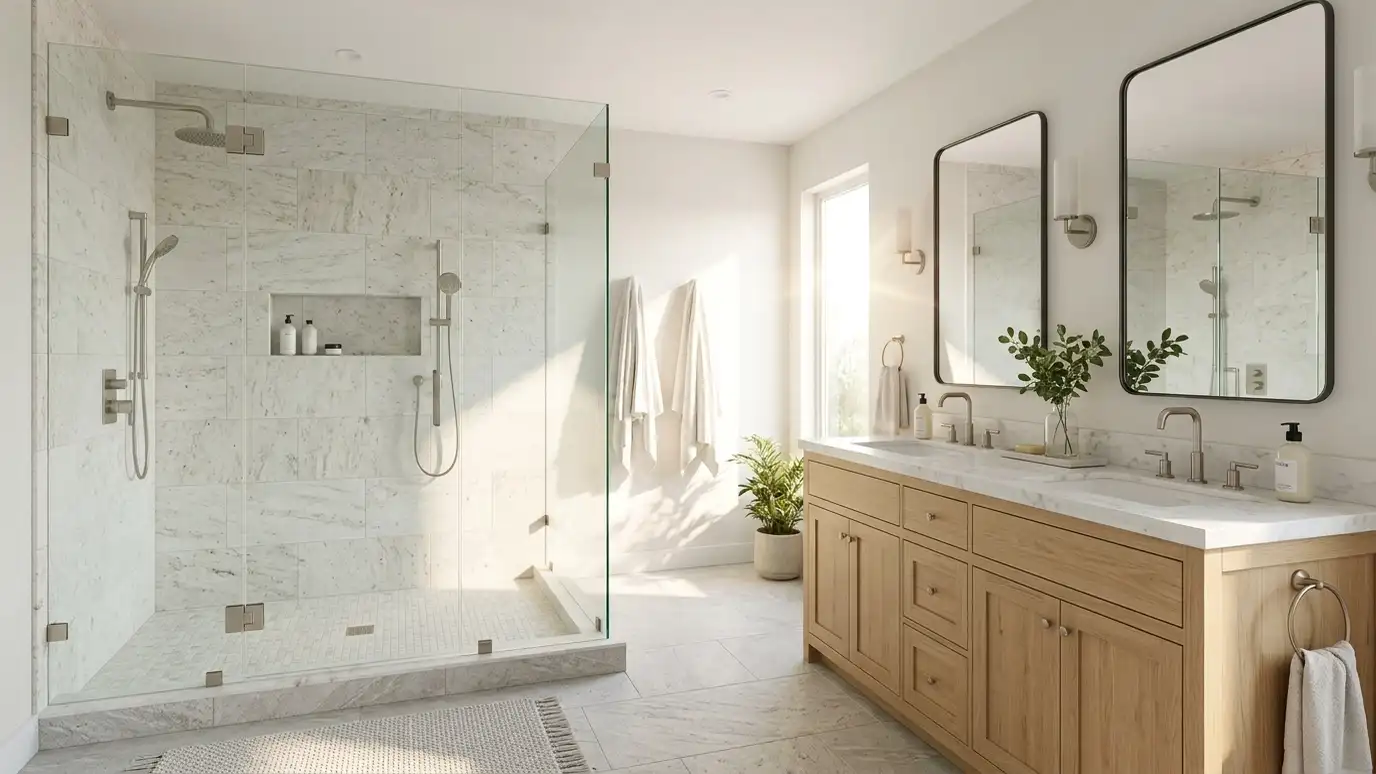 Shower remodeling gallery | Music City Shower Service A spacious bathroom with a frameless glass marble shower beside a long light wood double vanity with dual mirrors and brass sconces