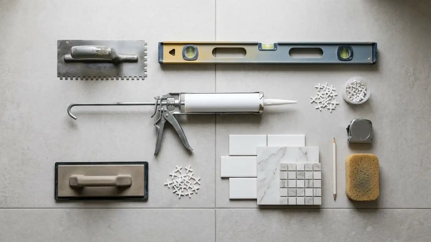 Shower installation and replacement services | Music City Shower Service A flat lay of shower tools: a caulk gun, a level, trowels, spacers, a sponge and tile samples on a tile floor