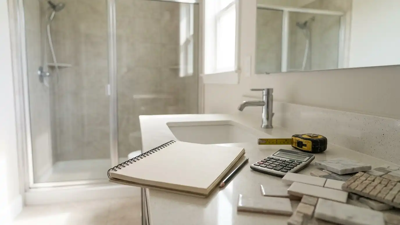 Shower remodeling tools and calculators | Music City Shower Service A bathroom vanity with an open spiral notebook, a calculator, a tape measure and tile swatches beside a glass shower