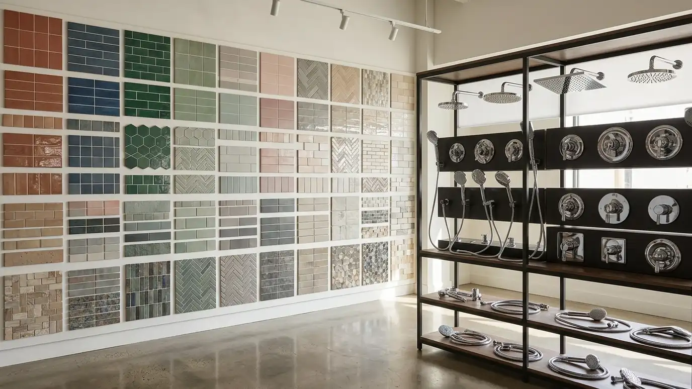 Shower remodeling resource guides | Music City Shower Service A showroom wall of organized tile samples next to a metal rack holding shower fixtures