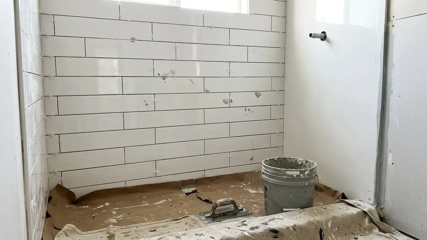 Partially installed white subway tile on a shower wall above a bucket of mortar and a notched trowel