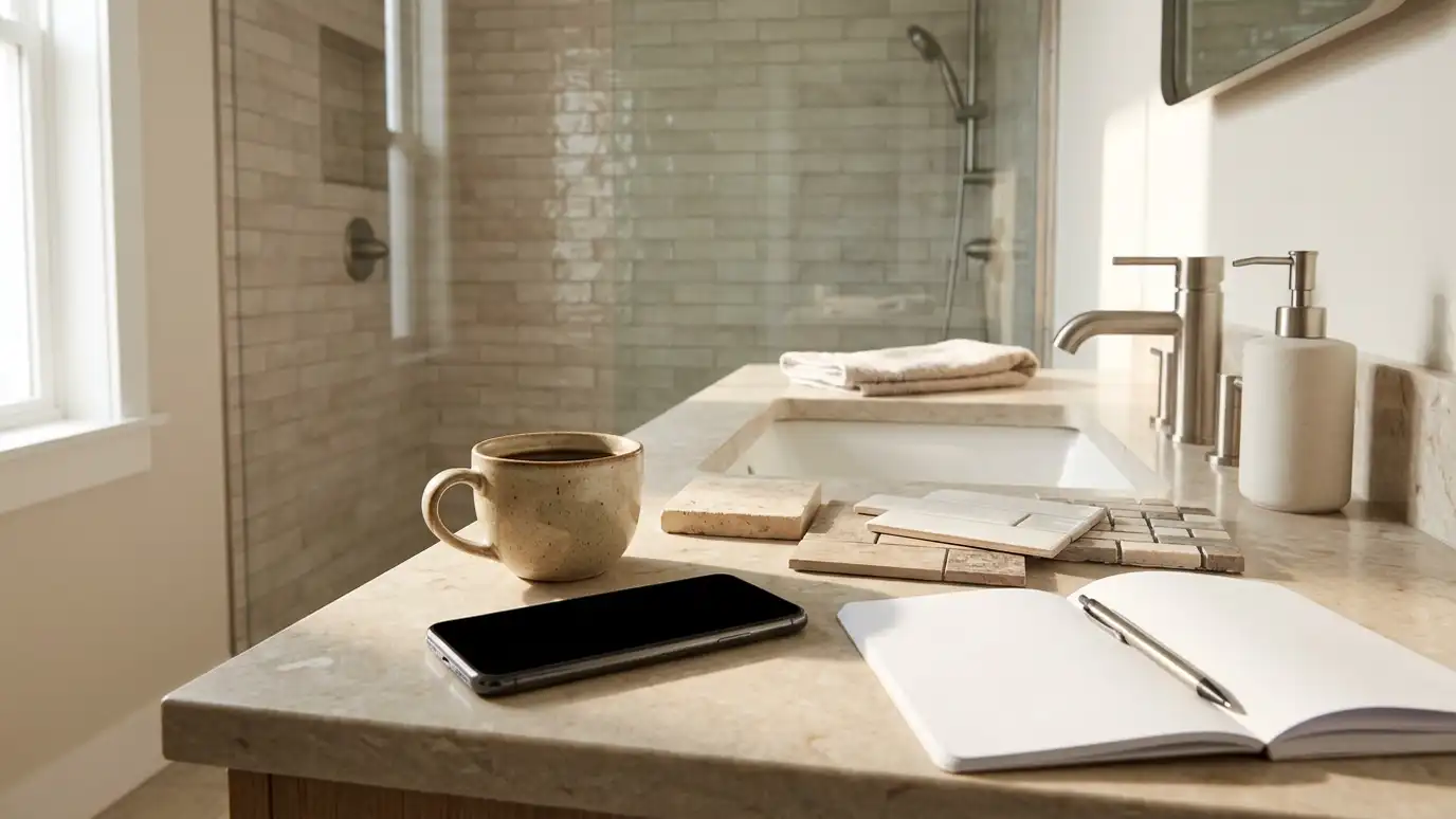 A bathroom vanity counter with a coffee mug, a smartphone, an open notebook with a pen and small tile samples