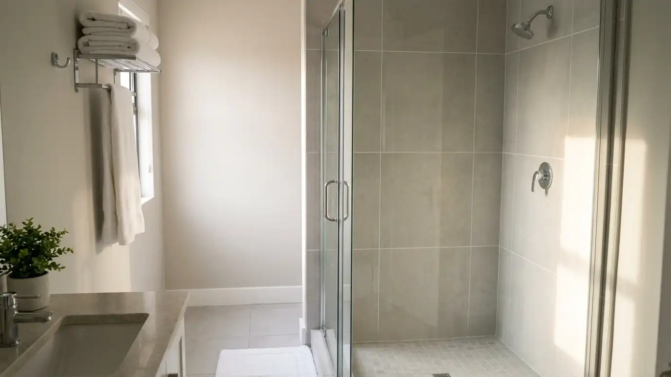 A bright, clean bathroom with a glass-enclosed shower, a polished vanity and neat towels hanging on the wall