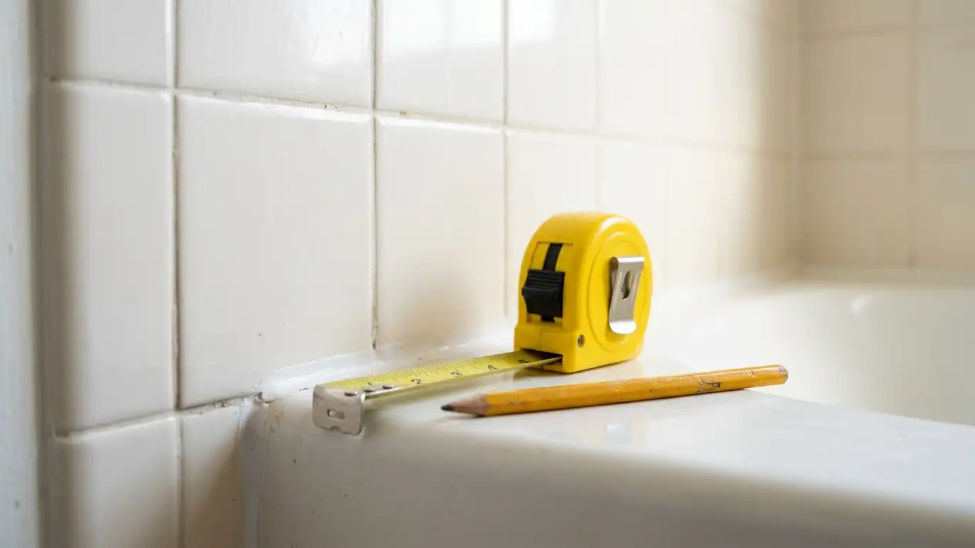 A yellow tape measure and a pencil along the tiled edge of a white bathtub during measuring