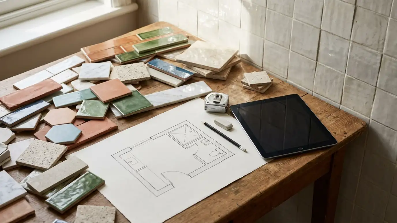 A wooden workbench with a floor plan sketch, colorful tile samples, a tablet and pencils