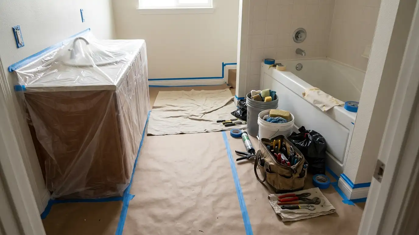 A bathroom prepared for renovation with brown paper on the floor, plastic over the vanity and tools gathered