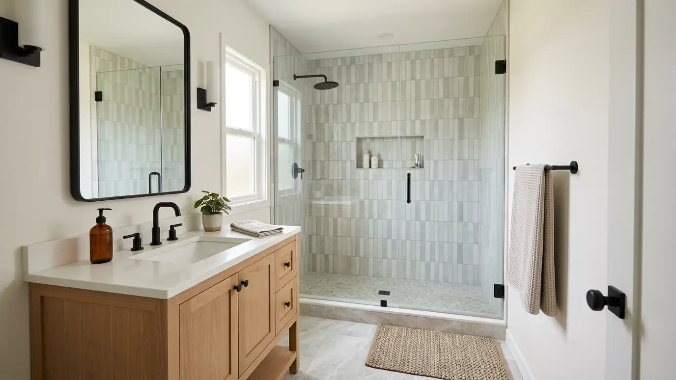 A fully renovated bathroom with a wooden vanity, black faucet, rectangular mirror and glass-enclosed walk-in shower A fully renovated bathroom with a wooden vanity, black faucet, rectangular mirror and glass-enclosed walk-in shower