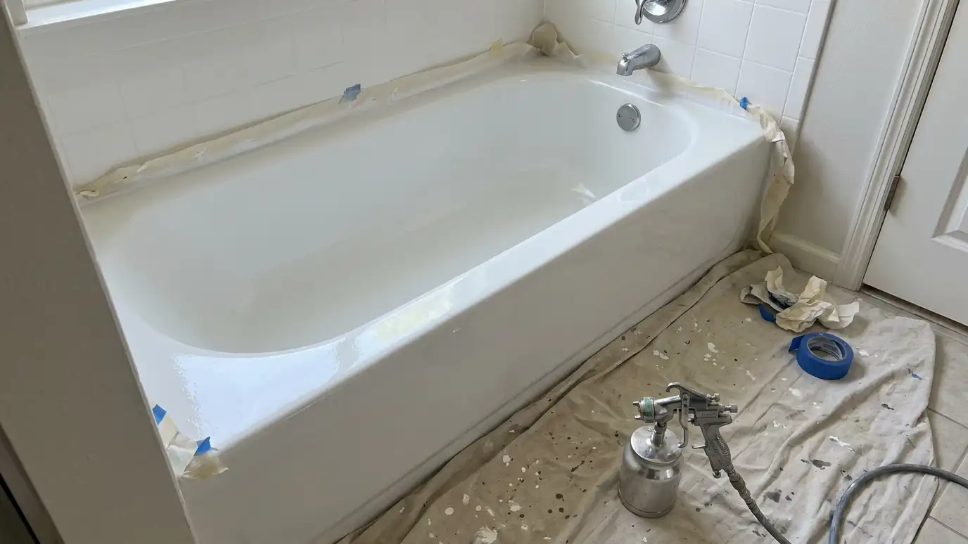 A glossy white bathtub with protective drop cloths, painter tape and a spray gun beside it A glossy white bathtub with protective drop cloths, painter tape and a spray gun beside it