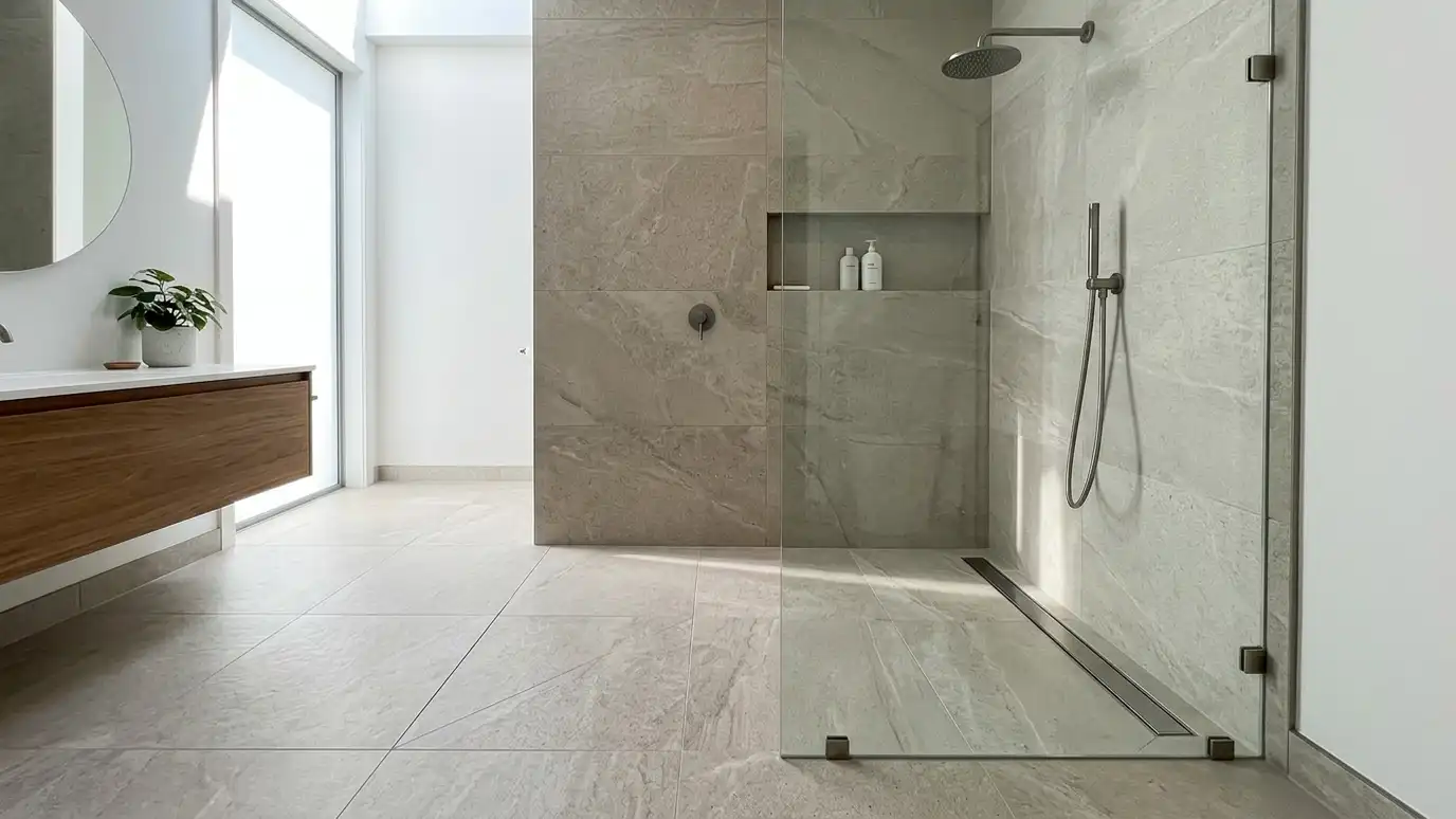 A curbless walk-in shower that flows into the bathroom floor, framed by a clear glass panel and gray tile A curbless walk-in shower that flows into the bathroom floor, framed by a clear glass panel and gray tile