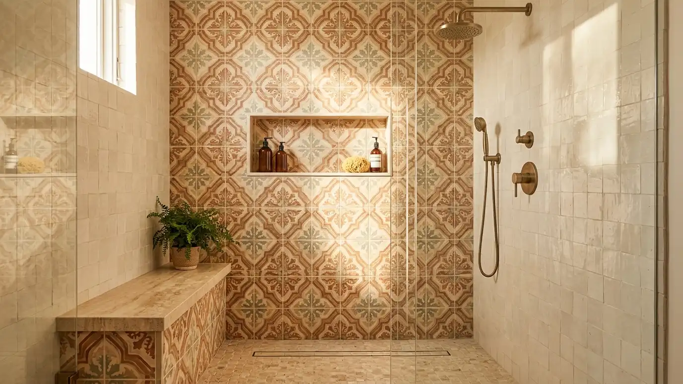 An illuminated walk-in shower with ornate patterned tile, a built-in bench, a recessed niche and brass fixtures An illuminated walk-in shower with ornate patterned tile, a built-in bench, a recessed niche and brass fixtures