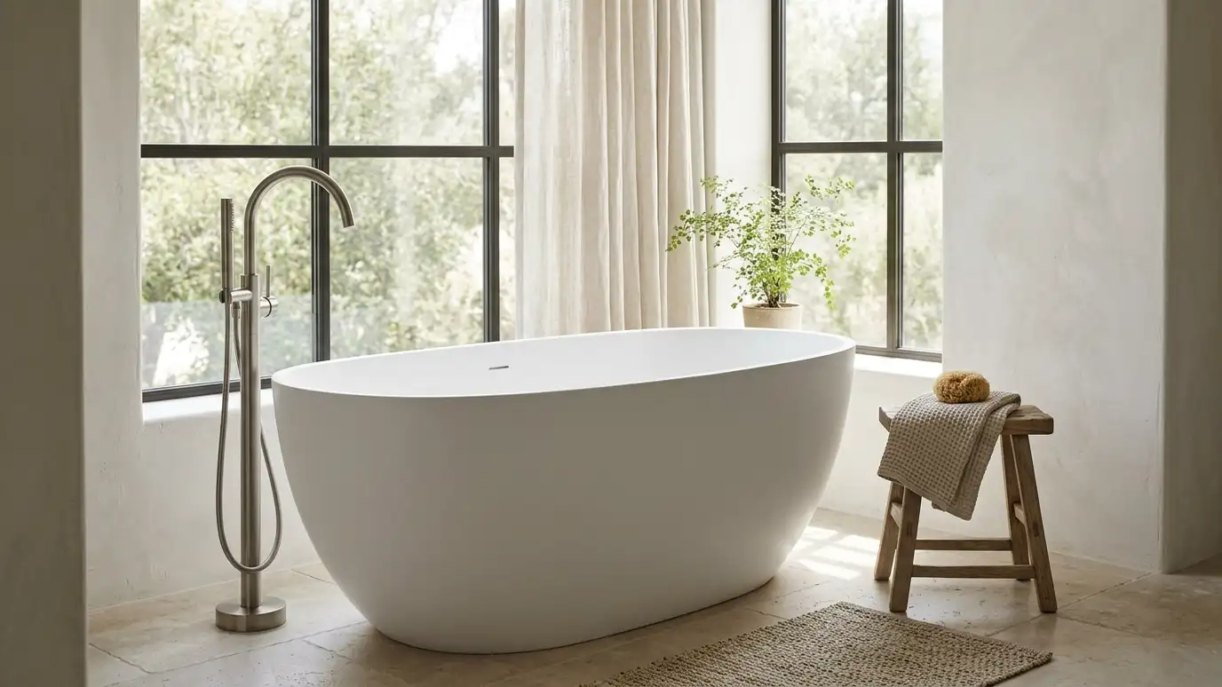 A white freestanding oval tub beside large black-framed windows with a floor-mounted chrome filler A white freestanding oval tub beside large black-framed windows with a floor-mounted chrome filler