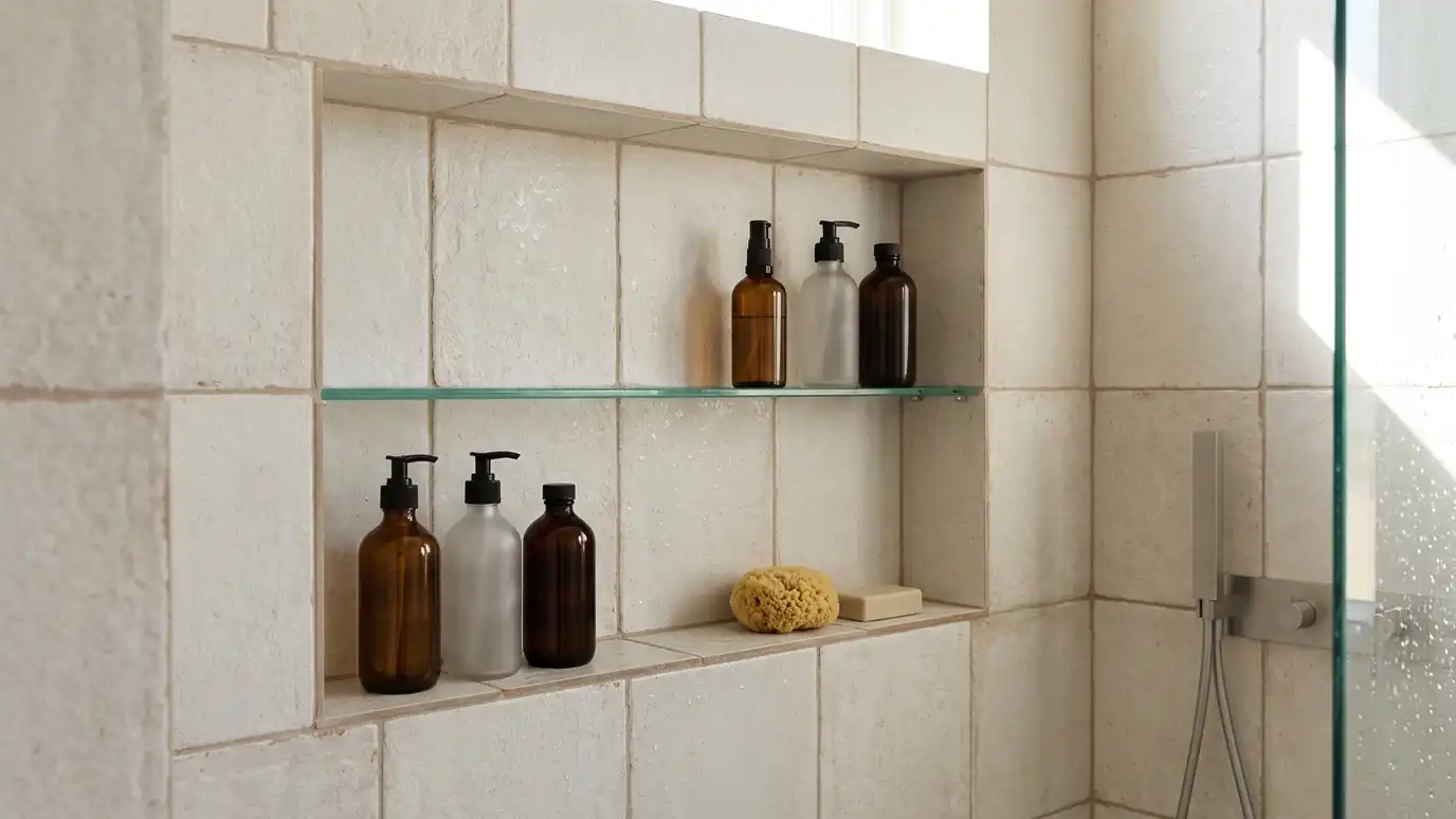 A recessed tiled shower niche with a clear glass shelf holding amber bottles and natural bath accessories A recessed tiled shower niche with a clear glass shelf holding amber bottles and natural bath accessories