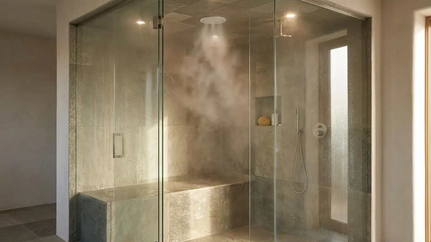 Steam inside a glass-enclosed shower with a tiled built-in bench and recessed lighting Steam inside a glass-enclosed shower with a tiled built-in bench and recessed lighting